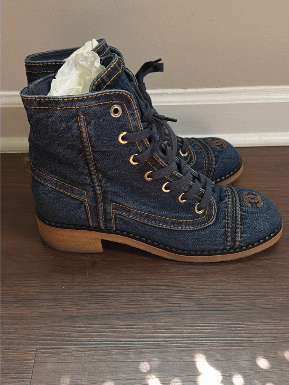 Chanel Denim Navy Lace-Ups Boot - Picture 2 of 8